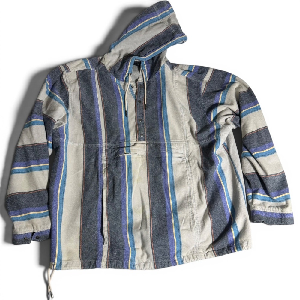 No Boundaries Mens 2XL Striped Baja Hoodie Pullover Blue Grey Snap Front Pocket